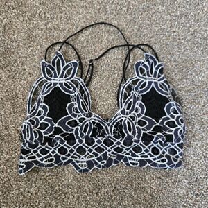 Embroidered Silver Metallic Embroidered Criss Cross Lace Bralette Bra